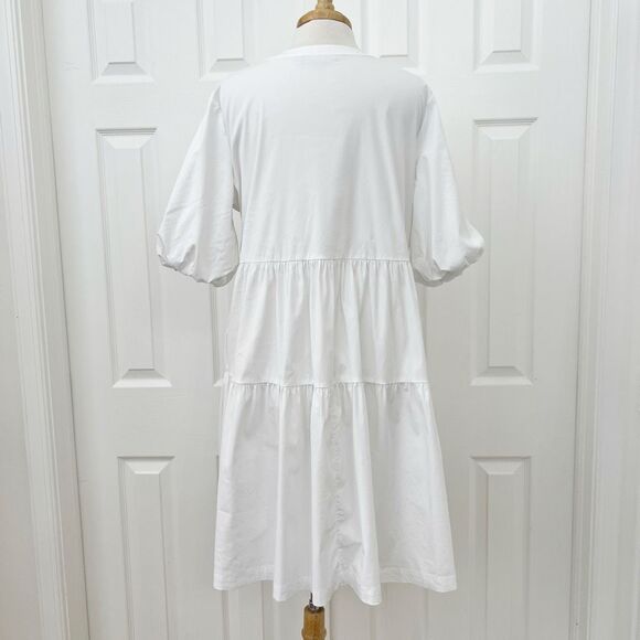 Chico's Womens White Cotton Tiered Puff Sleeve V-neck Babydoll Dress Size 12 - Picture 3 of 5